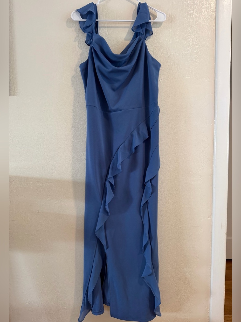 Grace Karin Blue Ruffle Maxi Dress Cowl Neck Formal Evening Gown Size 14 NWT